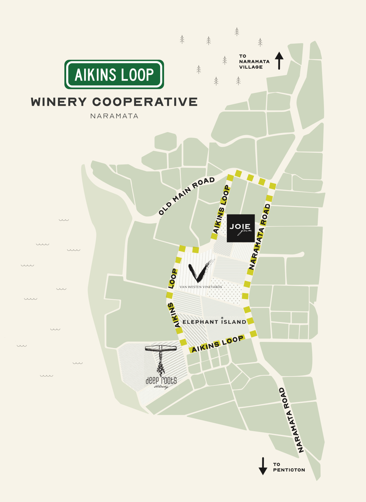 Digital map of Aikins Loop and winery markers